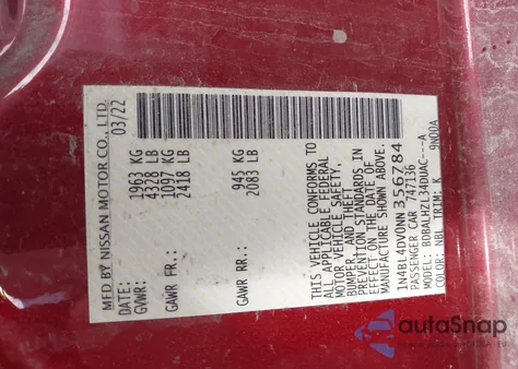 2022 Nissan Altima Sv Fwd from USA, damaged, VIN 1N4BL4DV0NN356784